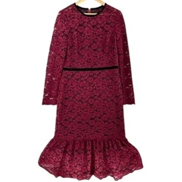 Maggy London Plum Wine Red Lace Fluted Midi Long Sleeve Dress Velvet Belt SZ 14 - Picture 1 of 9